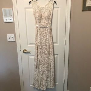 Floral White Lace Open Back with Ribbon Prom Dress